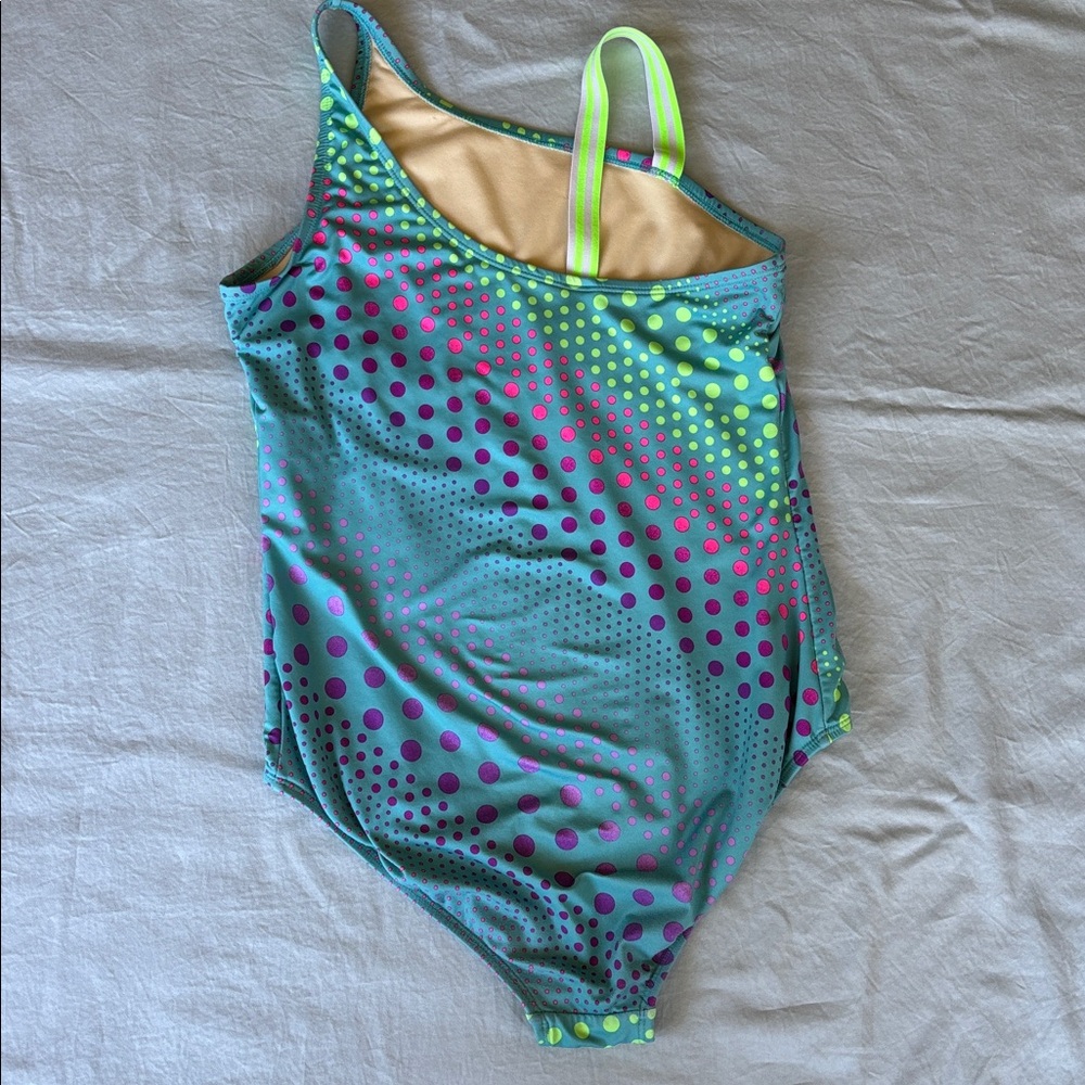 Lands' End Turquoise One-Shoulder Girls Swimsuit with Neon Dot Print - Picture 2 of 4